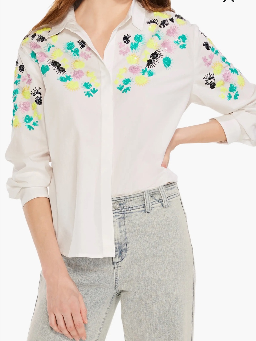 Nic & Zoe Placed Petals Sequin White Button Up Shirt Women’s Size Large Office